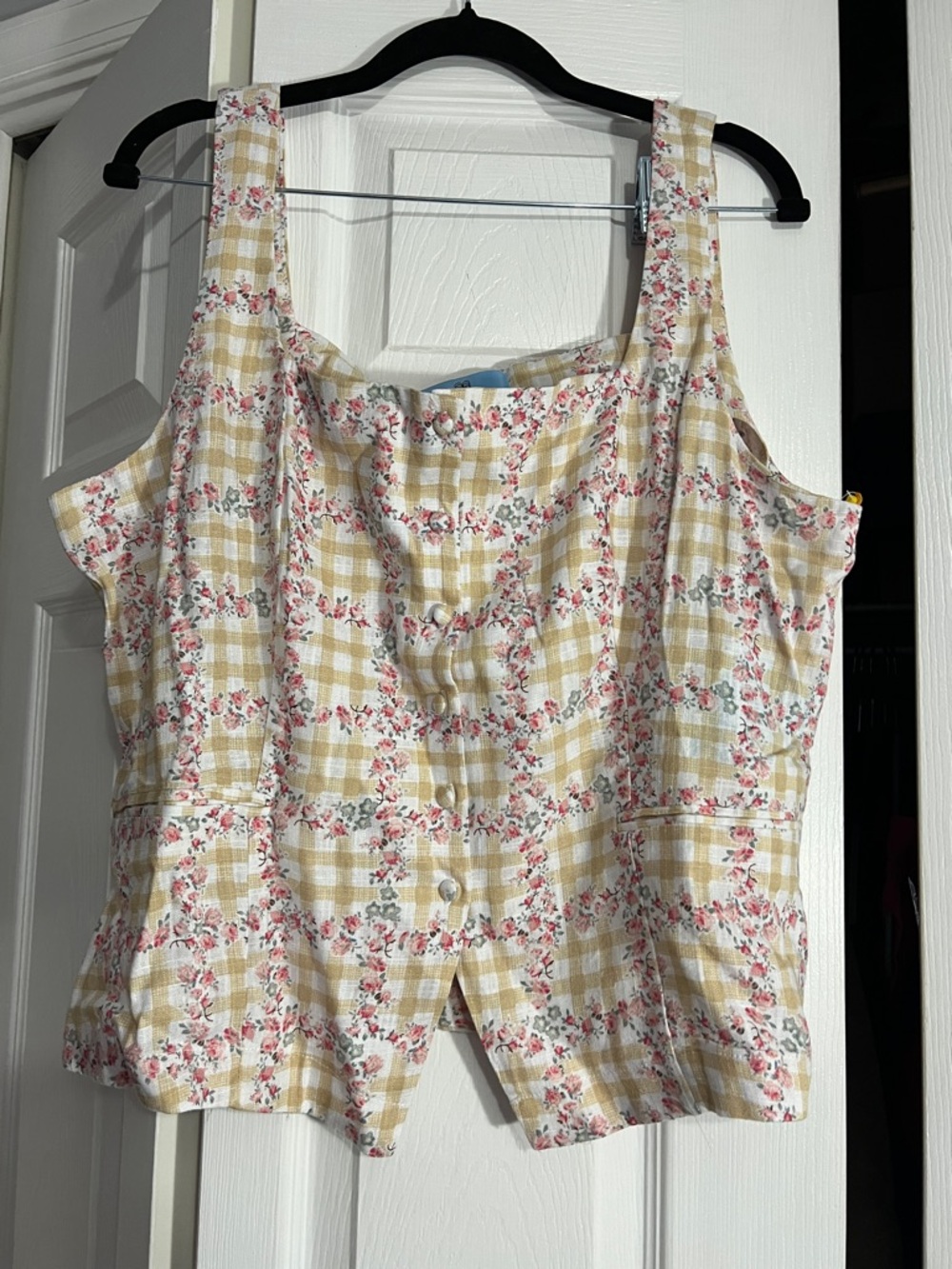 CeCe Cream and Yellow Floral Plaid Tank Top